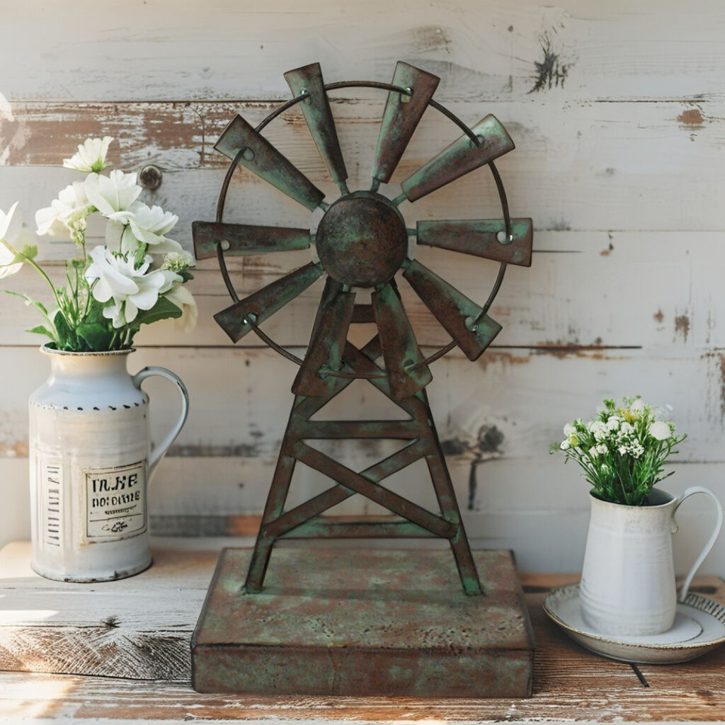 Willow &amp; Silk Metal Windmill Table/Shelf Ornament Galvanised 26cm