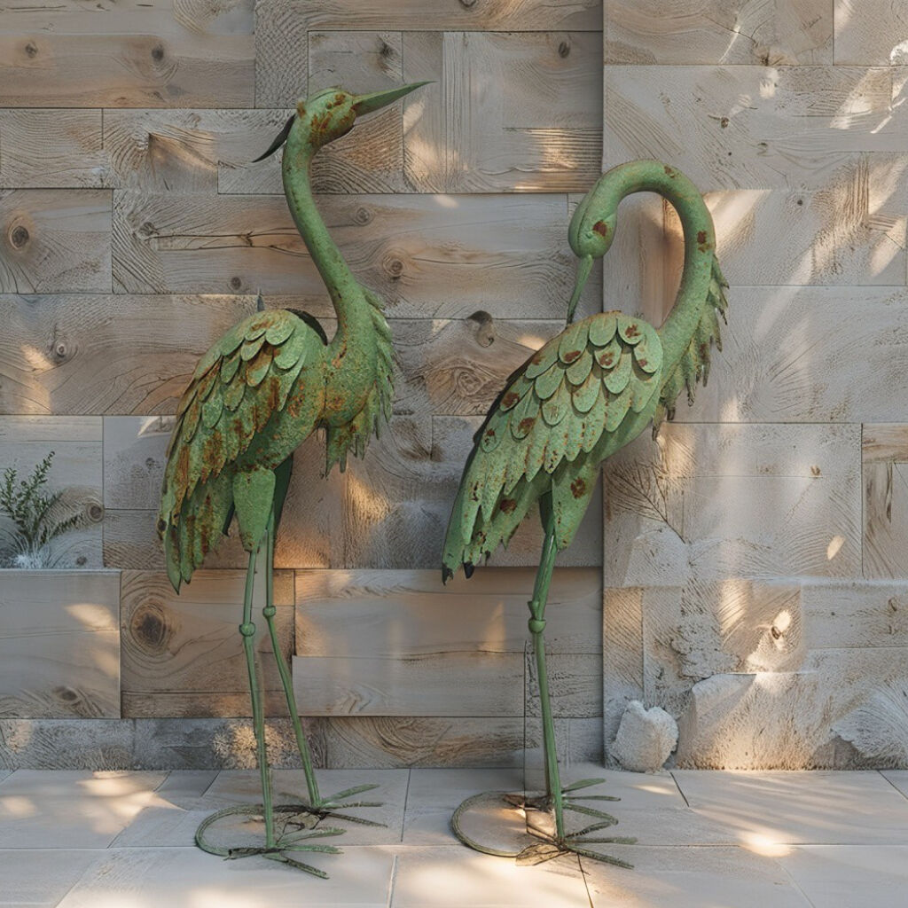 Willow &amp; Silk Green Crane Bird Garden Statues Metal 101cm/96cm Set of 2