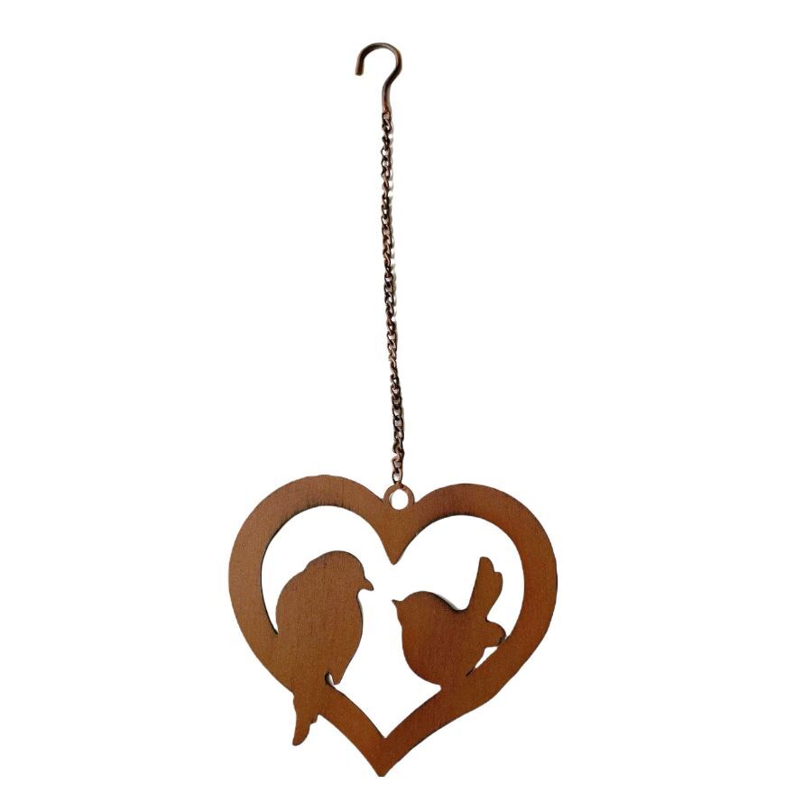 Willow &amp; Silk Hanging Rust Heart with Lovebirds on Chain/Hanging Décor