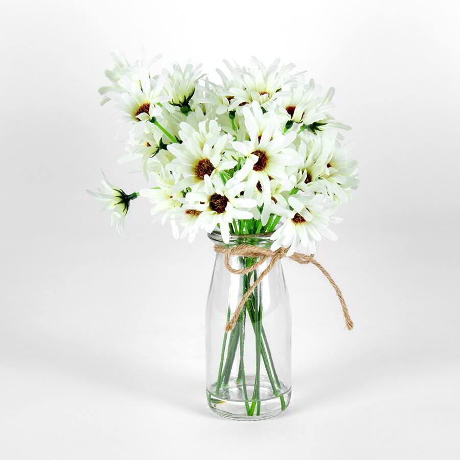 Willow &amp; Silk Artificial 25cm White Chrysanthemum Flower In Glass Vase/Pot