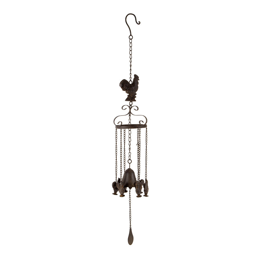 Willow &amp; Silk Cast-Iron Bell with Hanging Chooks Rustic Wind Chime 13x11x83cm