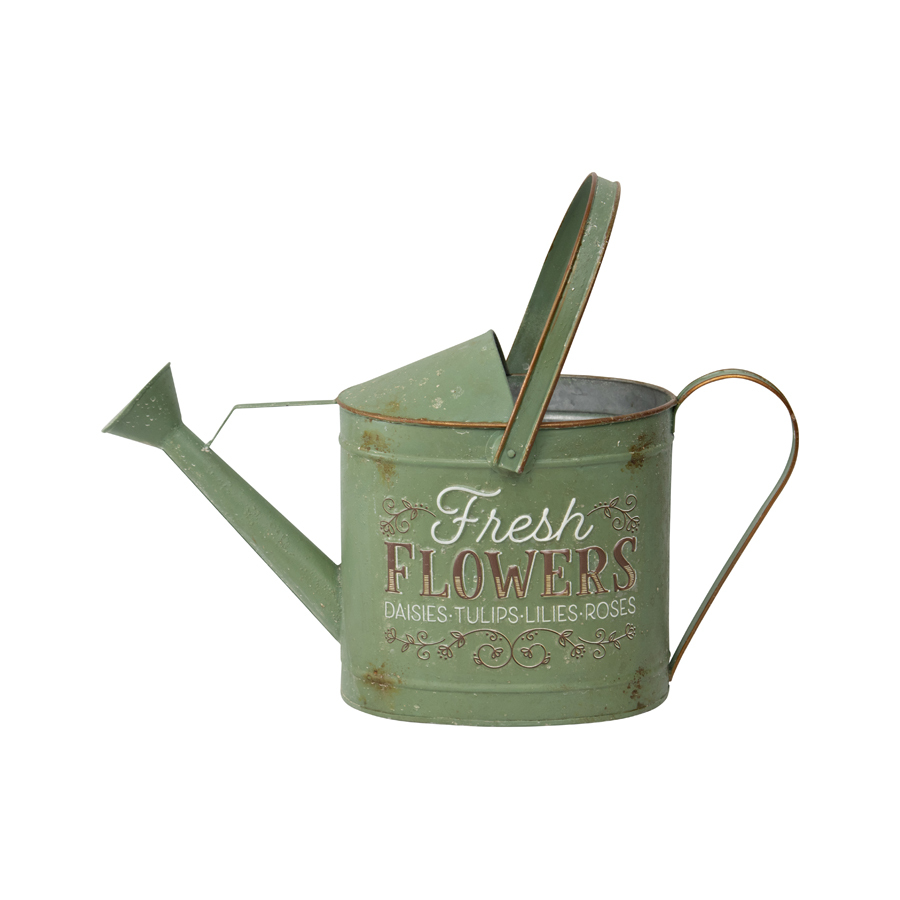 Willow &amp; Silk Green Watering Can 47cm &#39;Fresh Flowers&#39; Metal Pot/Planter