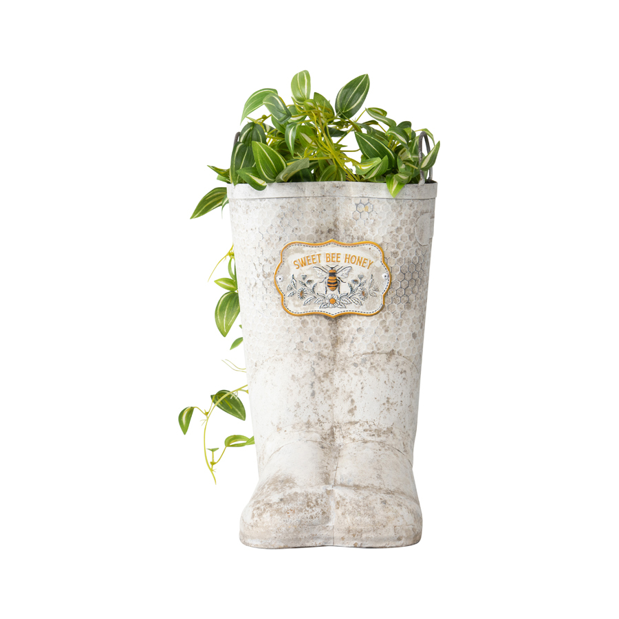 Willow &amp; Silk 35cm White &#39;Sweet Bee Honey&#39; Gumboots Pot/Planter