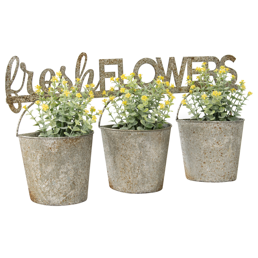 Willow &amp; Silk Metal Pots 51cm &#39;Fresh Flowers&#39; 3 Buckets Taupe Wall Planters