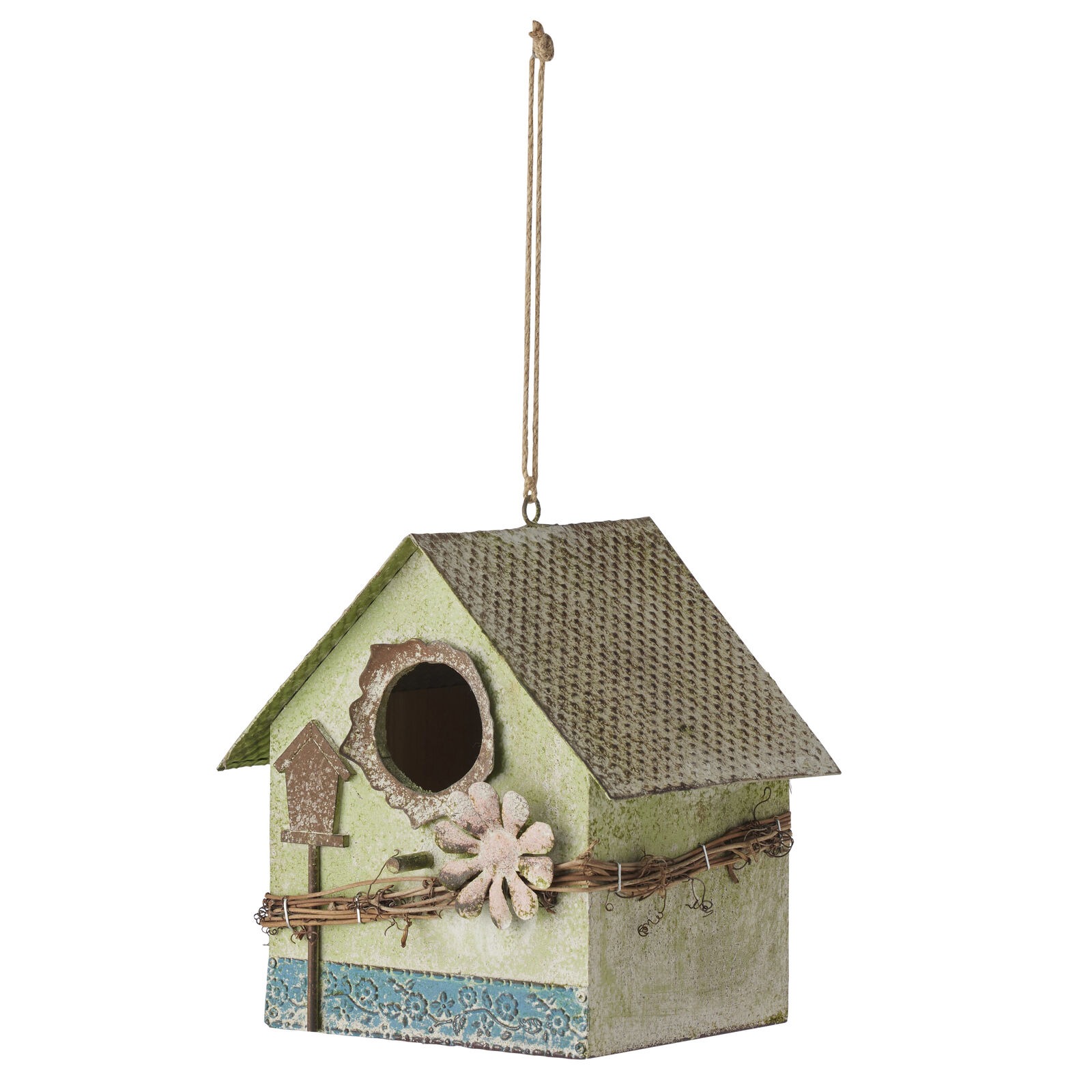 Willow &amp; Silk Hanging Birdhouse w/Pink Flower 18.5x15.