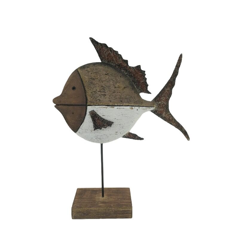 Willow &amp; Silk Handmade 28cm/20cm Set of 2 Wood/Iron Fish On Base