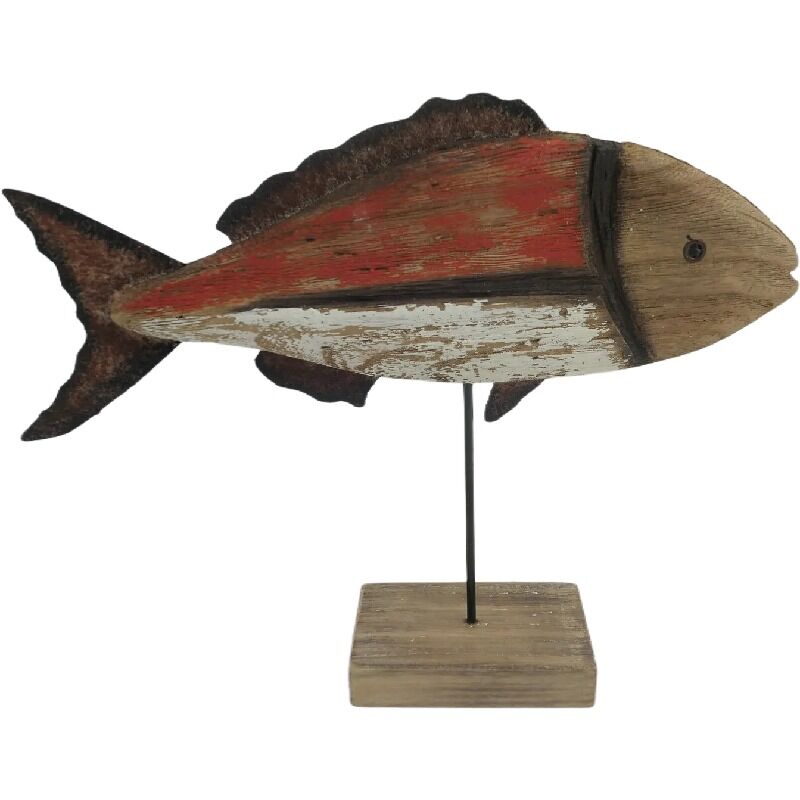 Willow &amp; Silk Handmade 30cm Wooden/Iron Red/White Fish On Base