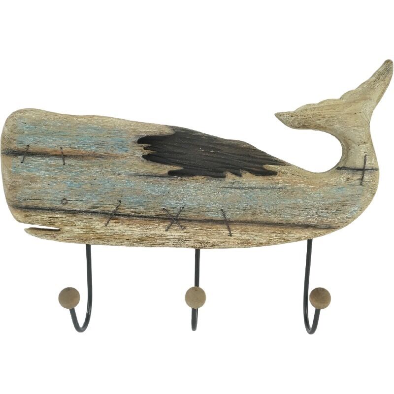 Willow &amp; Silk Handmade 56cm Wood/Metal Whale Wall Art w/ 3 Hooks Organiser