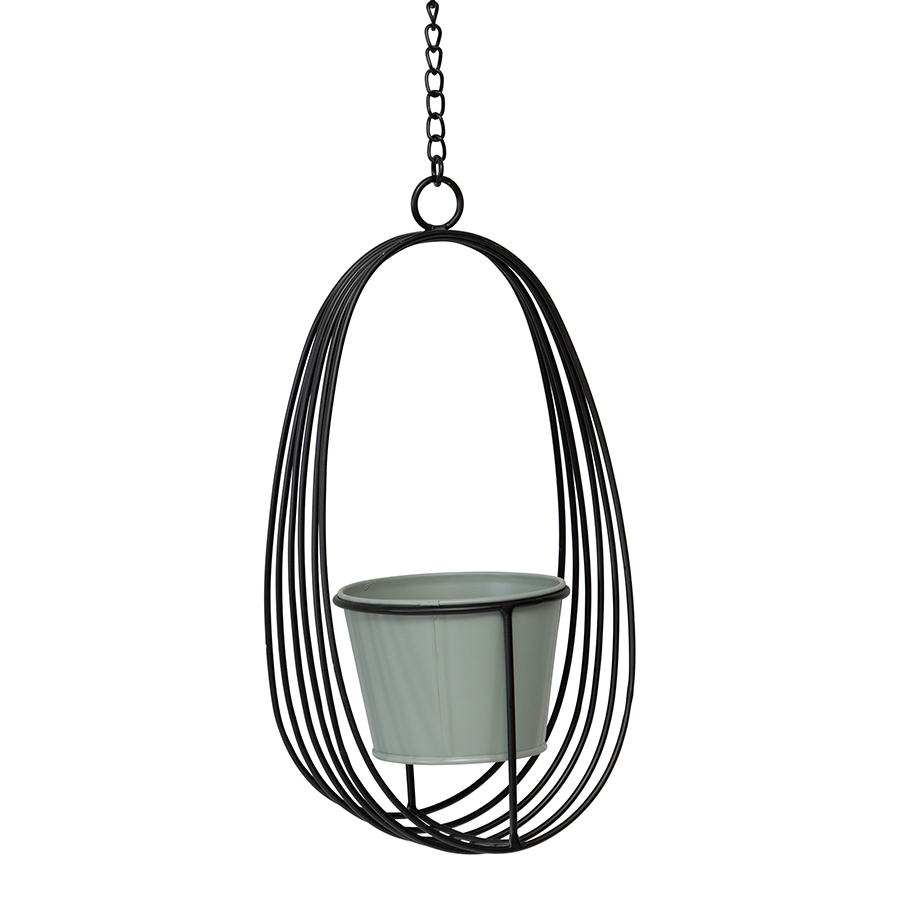 Willow &amp; Silk Zinc/Metal 80cm Hanging Black/Sage Orb &amp; Pot Chain Planter