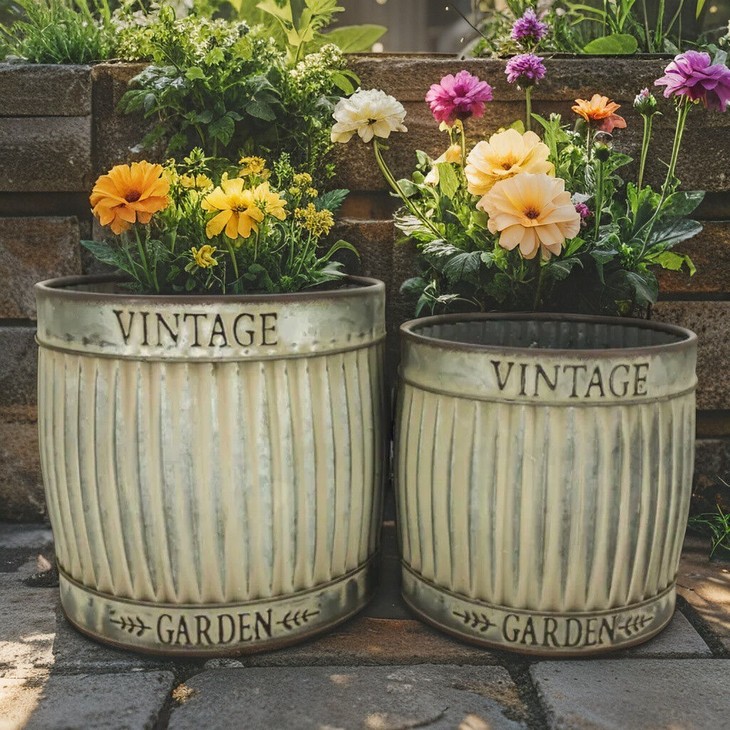 Willow &amp; Silk Metal 30cm/24cm Set of 2 &#39;Vintage Garden&#39; Pot Planters/ Bins
