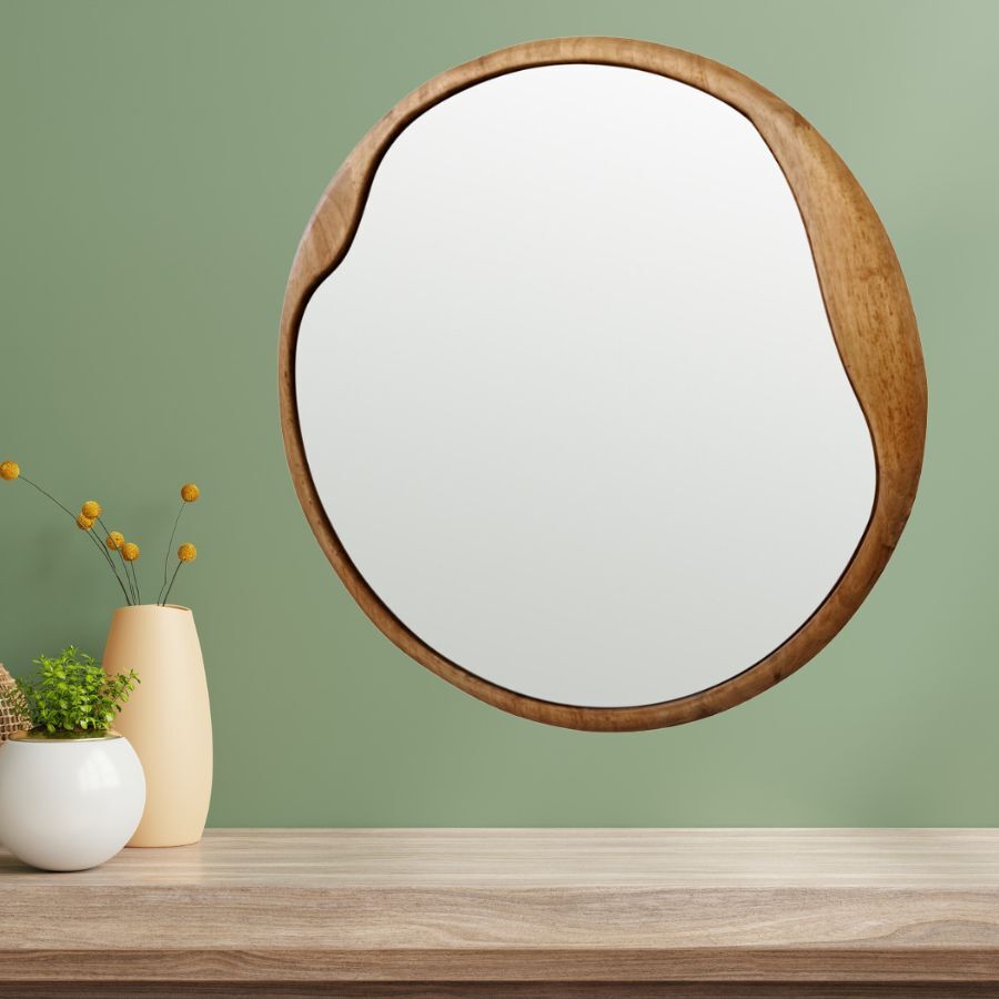 Asymmetric Round Wood-Framed Wall Mirror 60cm