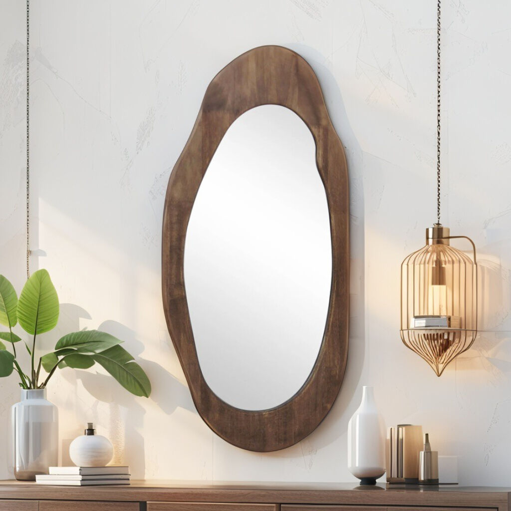 Willow &amp; Silk Wood-Framed 70x32cm Mid-Century Asymmetric Brown Wall Mirror