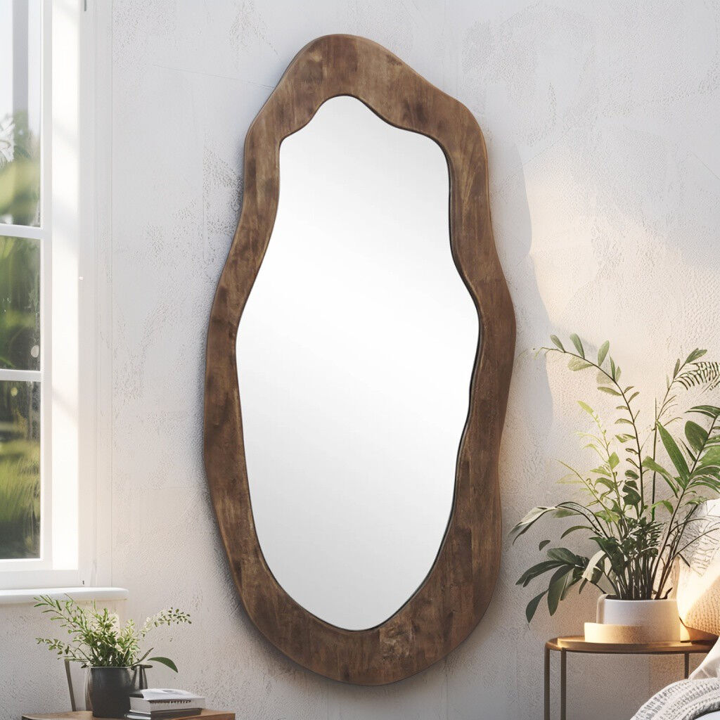 Willow &amp; Silk Wood-Framed Large 100x49cm Mid-Century Asymmetric Wall Mirror