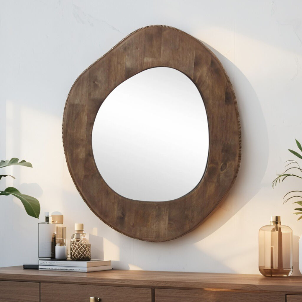 Willow &amp; Silk Wood-Framed 65x54cm Mid-Century Asymmetric Brown Wall Mirror