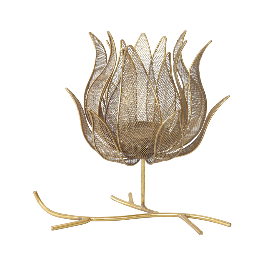 Willow &amp; Silk Golden 30cm Metal/Glass Lotus Flower on Stand Candle Holder