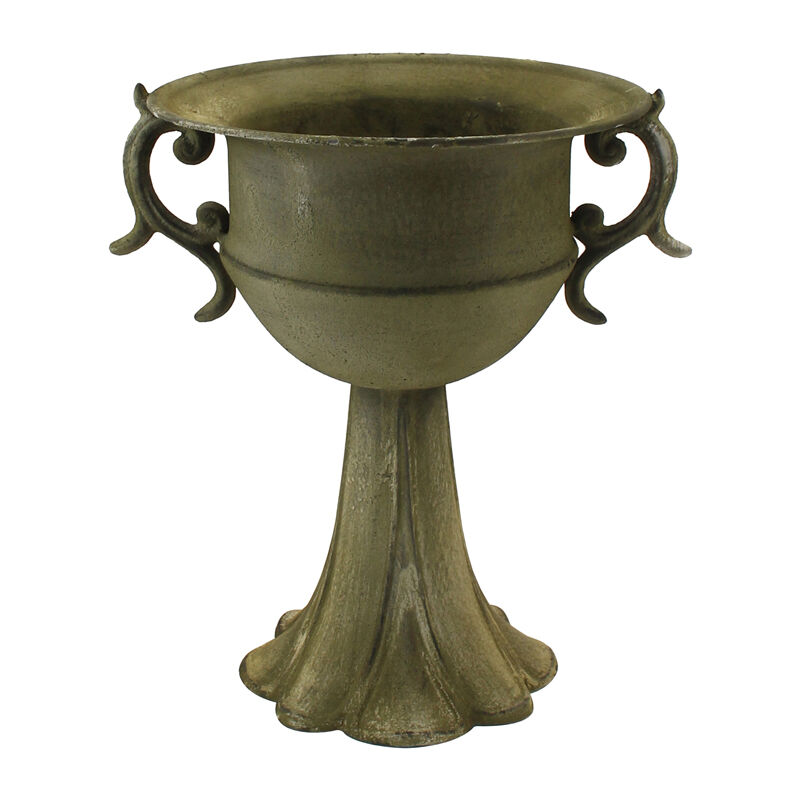 Willow &amp; Silk Metal 28.5cm Distressed Green Urn On Petal stand w/ Handles