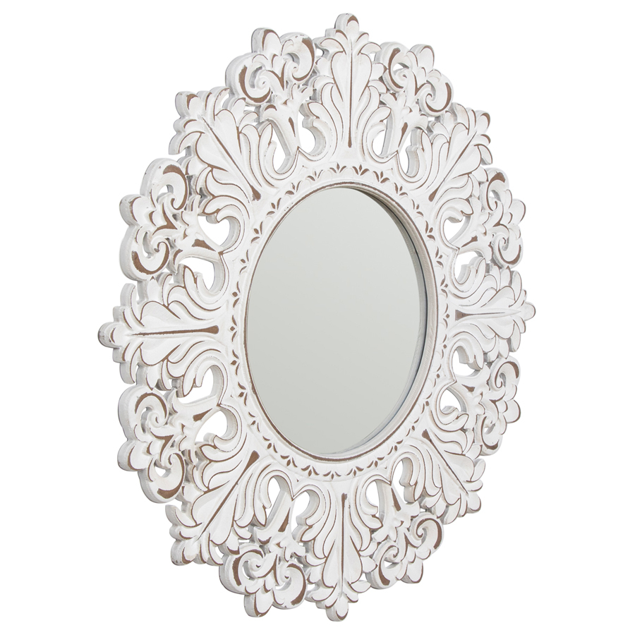 Willow &amp; Silk MDF 74cm White Round Ornate Carved Fleur Wall Mirror