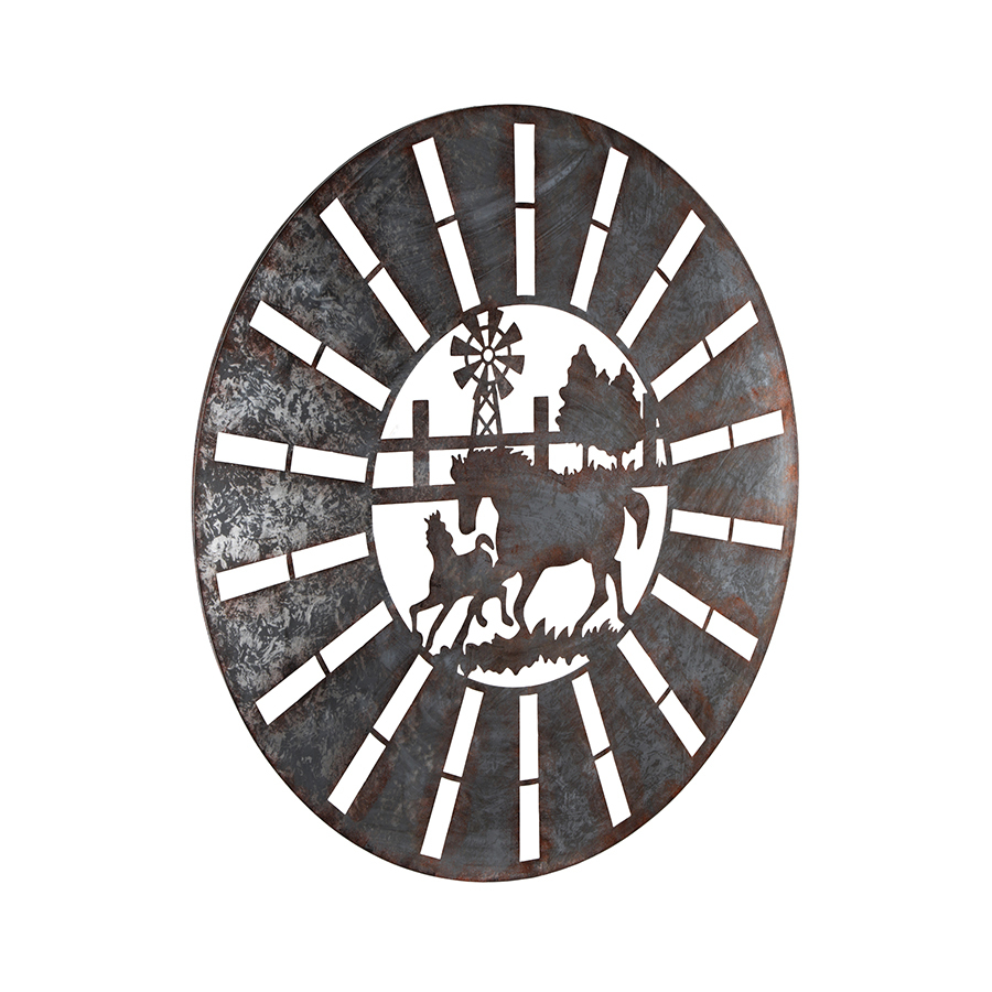 Willow &amp; Silk Metal Rustic 100cm Horses/Windmill Round Wall Art