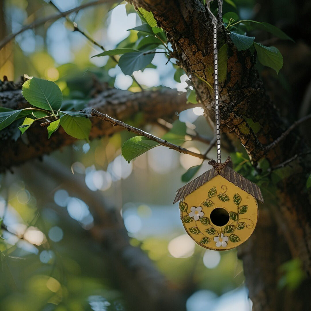 Willow &amp; Silk Hanging Yellow Distressed Birdhouse on chain