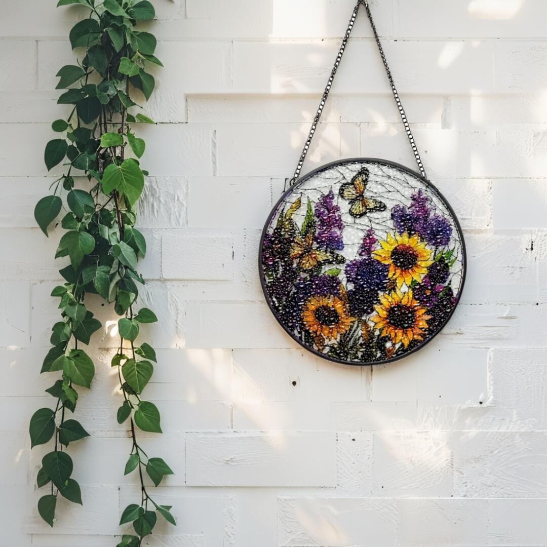 Willow &amp; Silk Radiant Bloom Butterfly Stained Glass Suncatcher