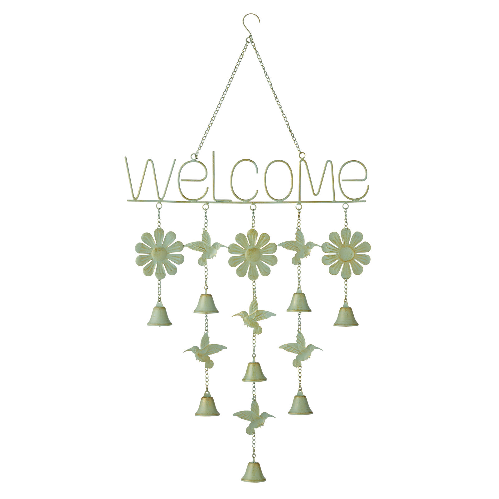 Willow &amp; Silk Hanging 'Welcome' Sign w/Birds + Bells 47.5x5x85cm
