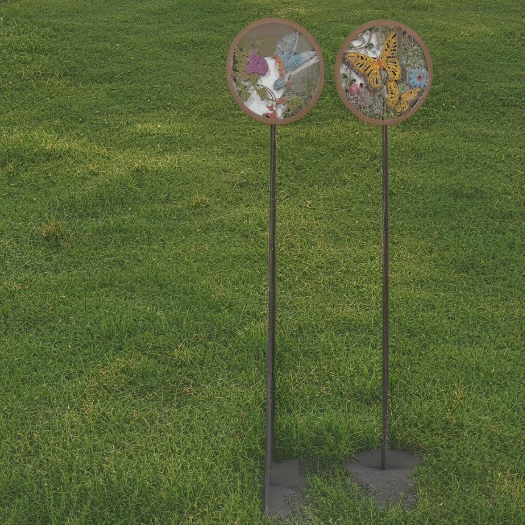 Willow &amp; Silk Set/2 Asst Round Bird + Butterfly Garden Stakes 22x1x110cm