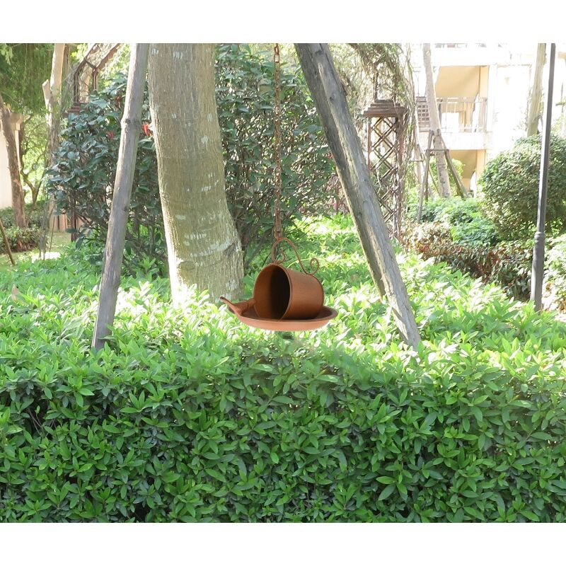 Willow &amp; Silk Rust-Look Hanging Enchanted Cup &amp; Saucer Birdfeeder