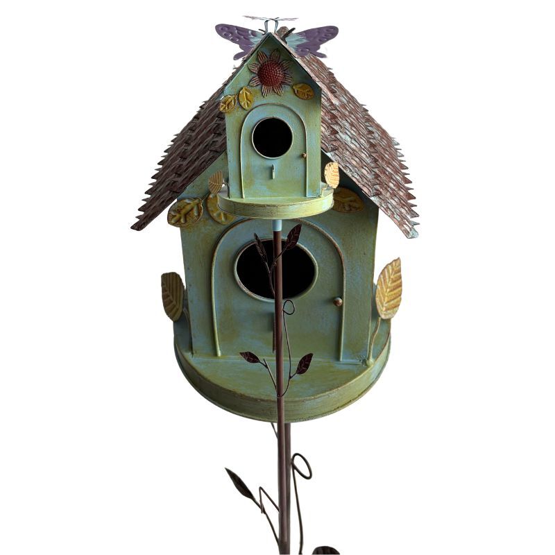 Willow &amp; Silk Floral Perch Birdhouse on Leafy  Garden Stake 