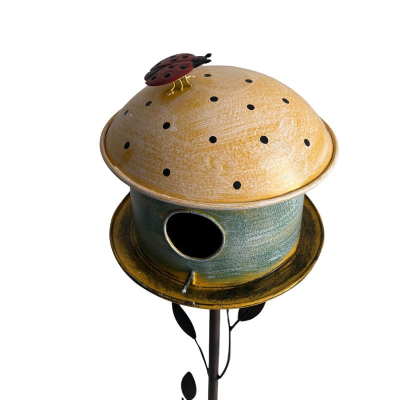 Willow &amp; Silk Nature&#39;s Nest Birdhouse with Ladybug Accent on Leafy Garden Stake