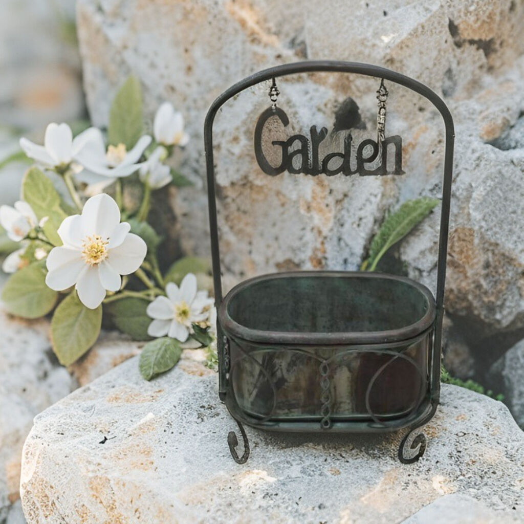 Willow &amp; Silk Planter on Stand w/Floating Garden Sign 29x16x68cm