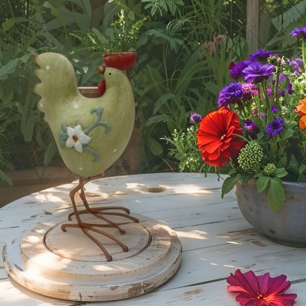 Willow &amp; Silk Green Chicken w/Flower 11x7.5x20cm