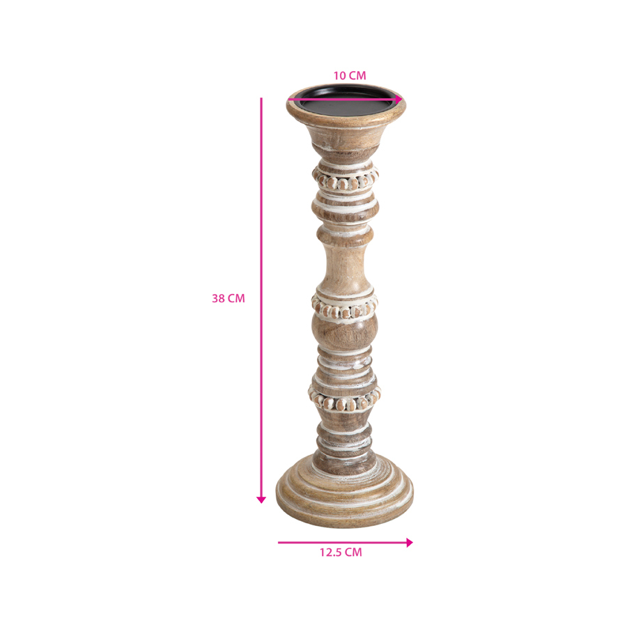 Willow &amp; Silk Handmade 38cm Wooden Beaded Pillar Candle Holder