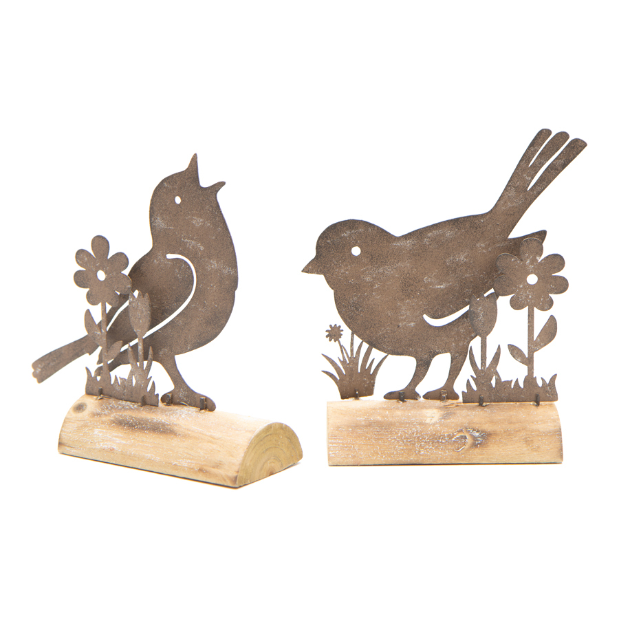 Willow &amp; Silk Rustic 14cm Set of 2 Birds/Flowers on Base Ornaments 