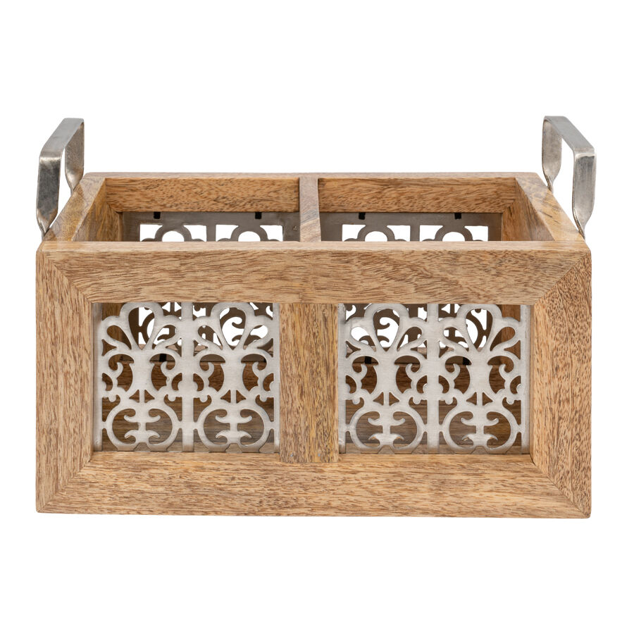 Willow &amp; Silk Handmade 29cm Wooden Metal Cutlery/Storage Caddy 2-Division