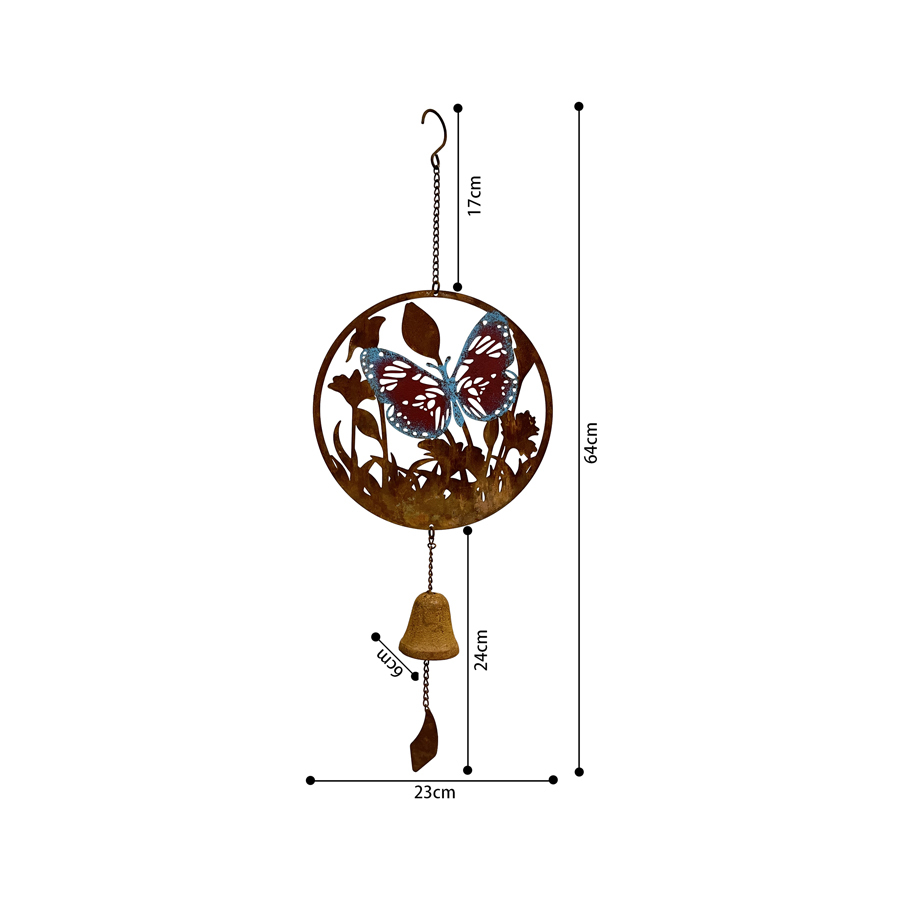 Willow &amp; Silk Hanging Round 63cm Butterfly Rustic Metal Wall Art w/ Bell