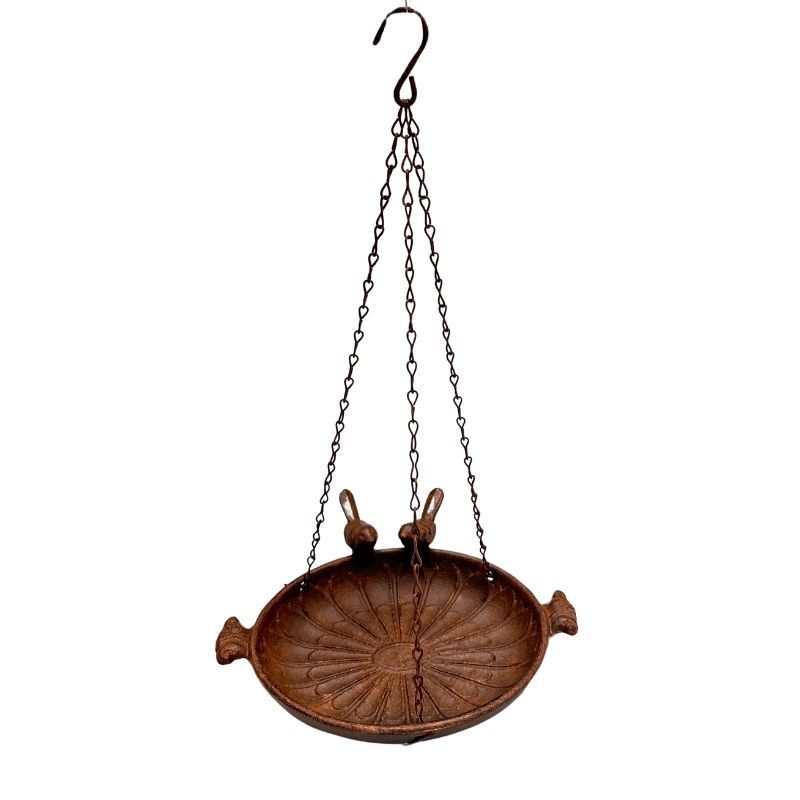 Willow &amp; Silk Hanging Cast-Iron Rust Birdfeeder w/2 Birds 25.5x20x41cm