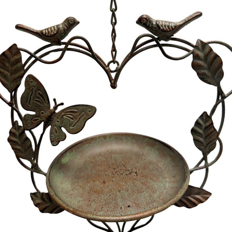 Willow &amp; Silk Hanging Heart-Shape-Birdfeeder w/Butterfly + Birds 27x16x87cm