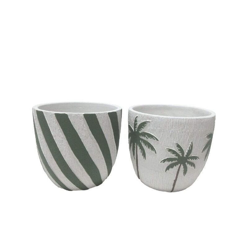 Willow &amp; Silk Cement 17.5cm Set of 2 Palm/ Stripe Garden Pot Planters