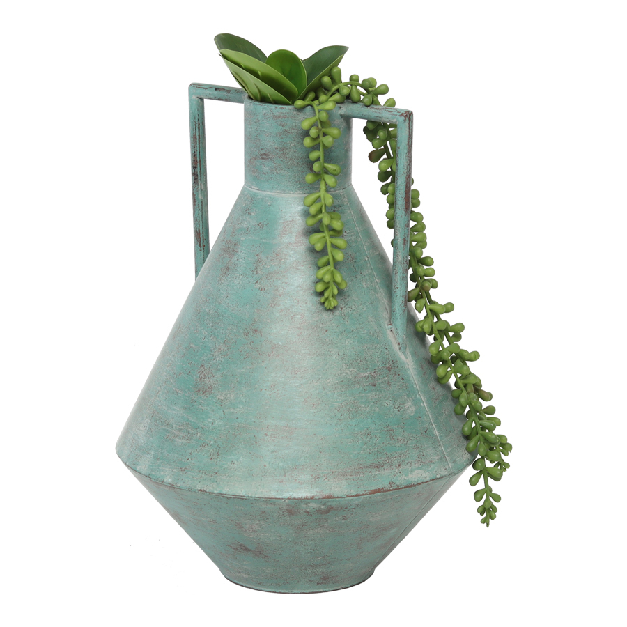 Willow &amp; Silk Vintage Metal 32cm Aqua Urn Pot/Planter/Ornament w/ Handle