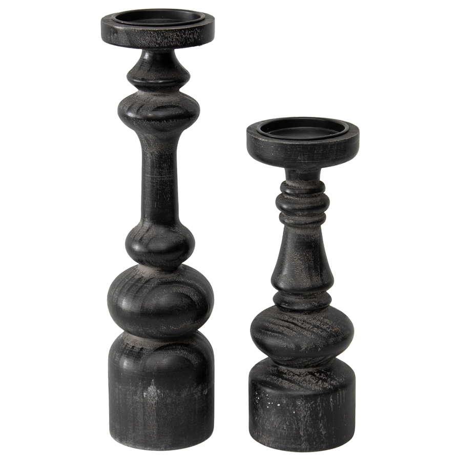 Willow &amp; Silk Wooden 43cm Black Bold Pillar Candle Holder 