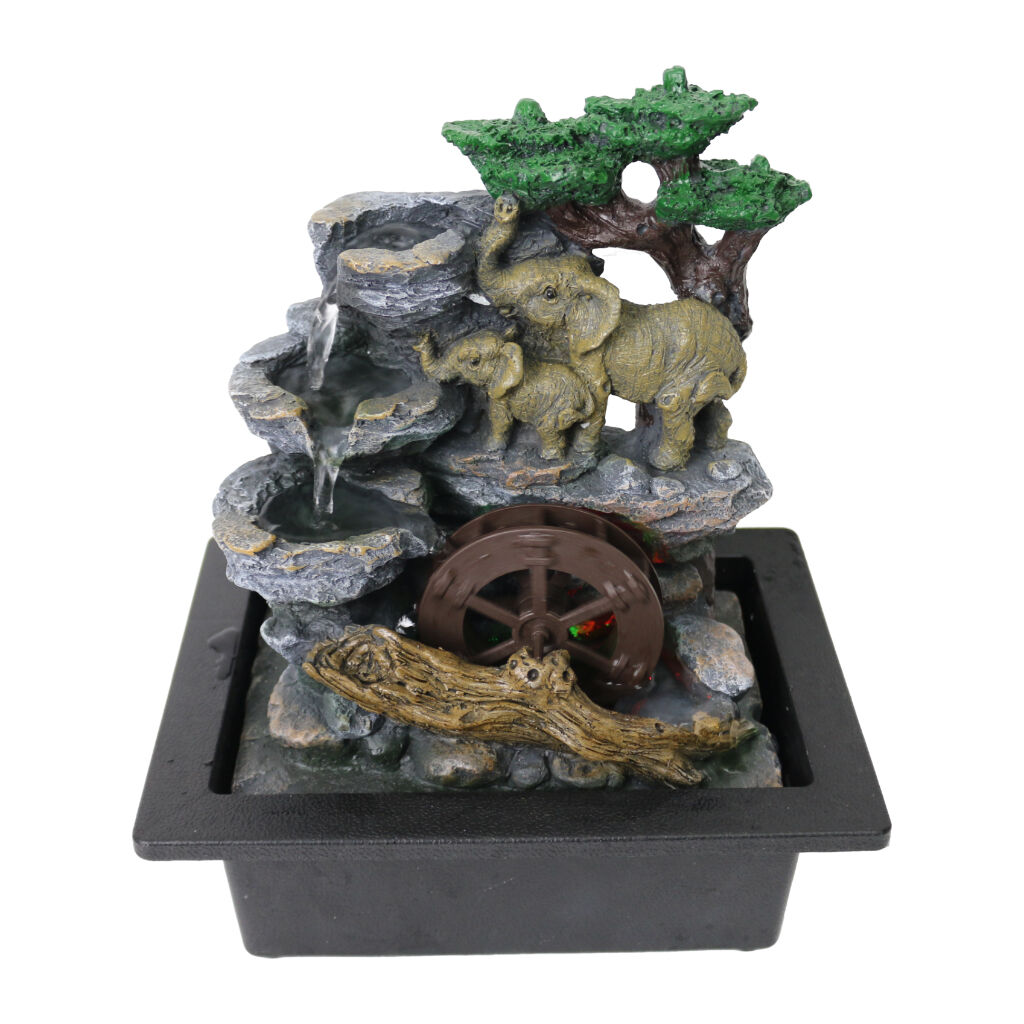 Willow &amp; Silk Wheel Elephants  Water Fountain 23x18x28cm