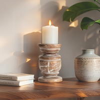 Willow &amp; Silk Handmade 15cm Wood Carved Pillar Candle Holder