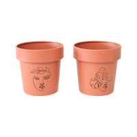 Willow &amp; Silk Line Face Art Pots 13cm Metal Set of 2 Terracotta Planters